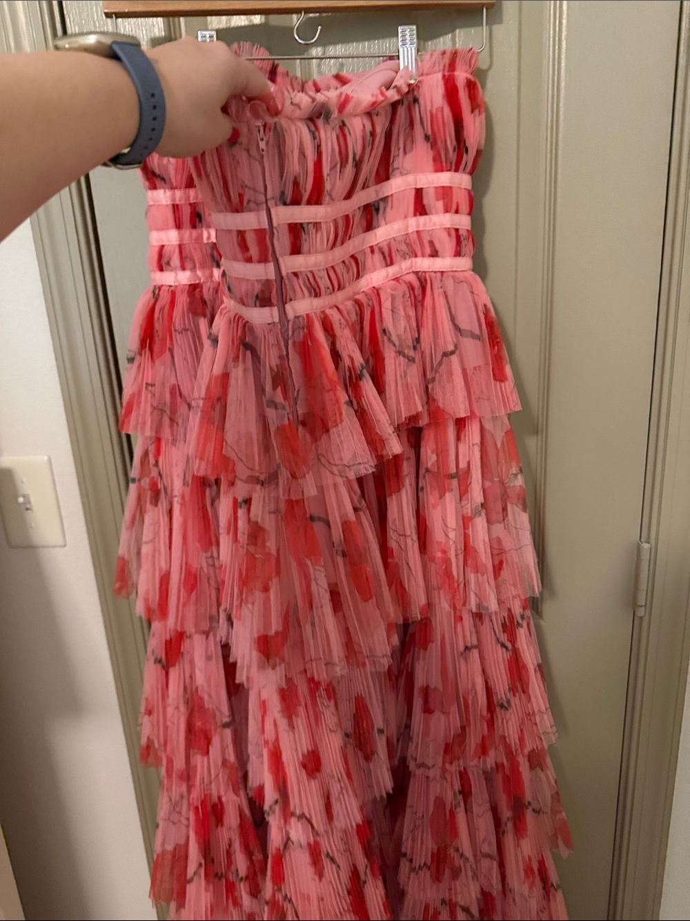 Hutch Monaco Strapless Pink & Red Tiered Ruffle Maxi Dress 14 - Picture 7 of 7